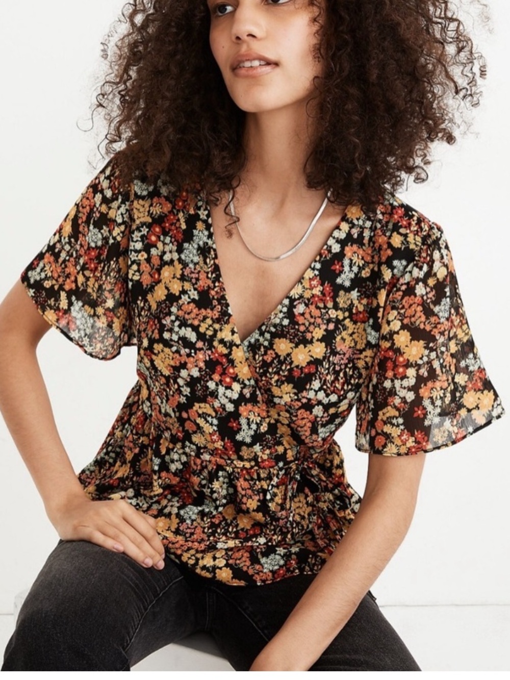 Madewell Blouse Short Sleeve Peplum Wrap Top Flower Garden Small Side Bow Ties